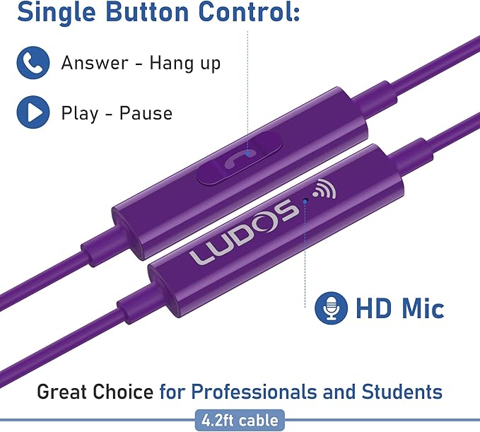 LUDOS Zenith Wired Earbuds in-Ear Headphones, 2 Years Warranty, Earphones with Microphone, Corded for 3.5mm Jack Ear Buds for iPhone, Samsung, Computer, Laptop, Kids, School Students, Woman - Purple