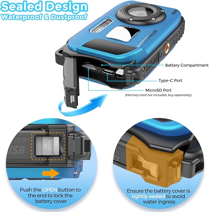 Underwater Camera 16FT Waterproof for Kids Waterproof Digital Camera for Snorkeling Swimming Autofocus 1080P Portable with Rechargeable Batteries, Sling, Blue