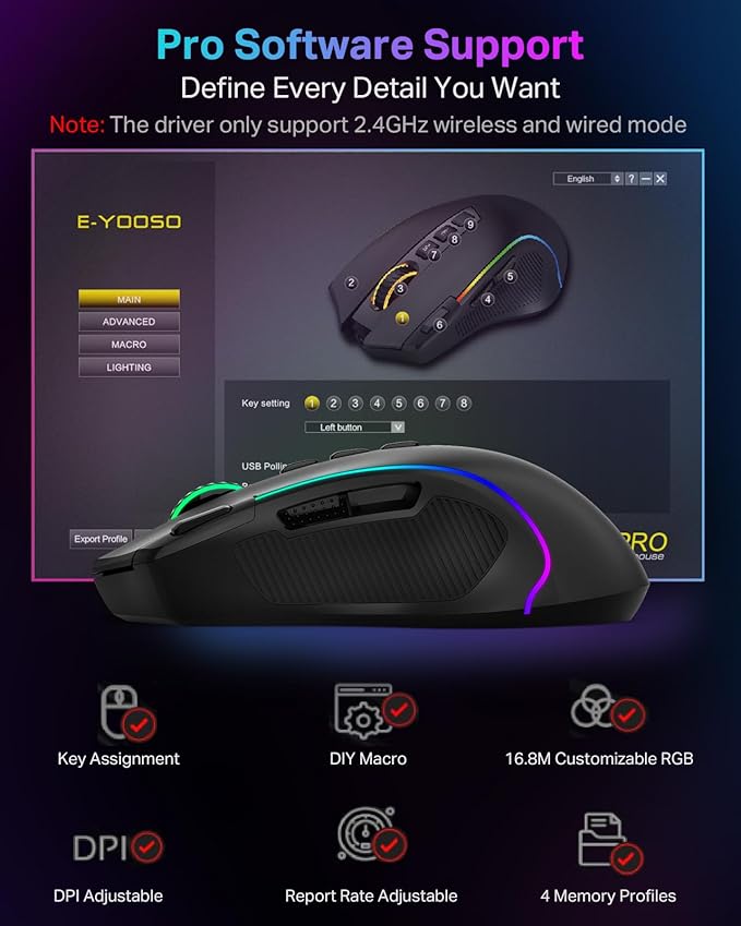 E-YOOSO Gaming Mouse, Tri-Modes Wireless/Bluetooth/Wired Rechargeable RGB Gamer Mouse with 2 Side Buttons, Rapid Fire Key, 8000 DPI, 6 Backlit Modes, 9 Programmable Buttons Macro