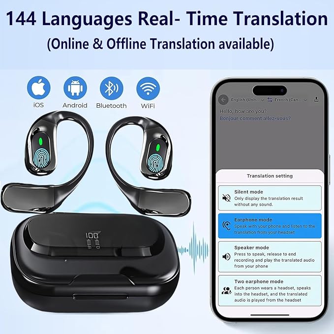 Ai Translator Earbuds Translation Headphones Real-Time 144 Languages with Online & Offline Adjustable Ear-Hook 36H Playtime Perfect for Travel & Business