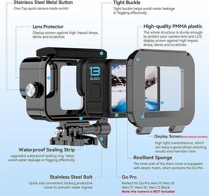 BO&DQQ Protective Waterproof Case Compatible for Go Pro Hero 13 12 11 10 9 Black, 60M/196FT Underwater Diving Housing Shell Accessories Kit