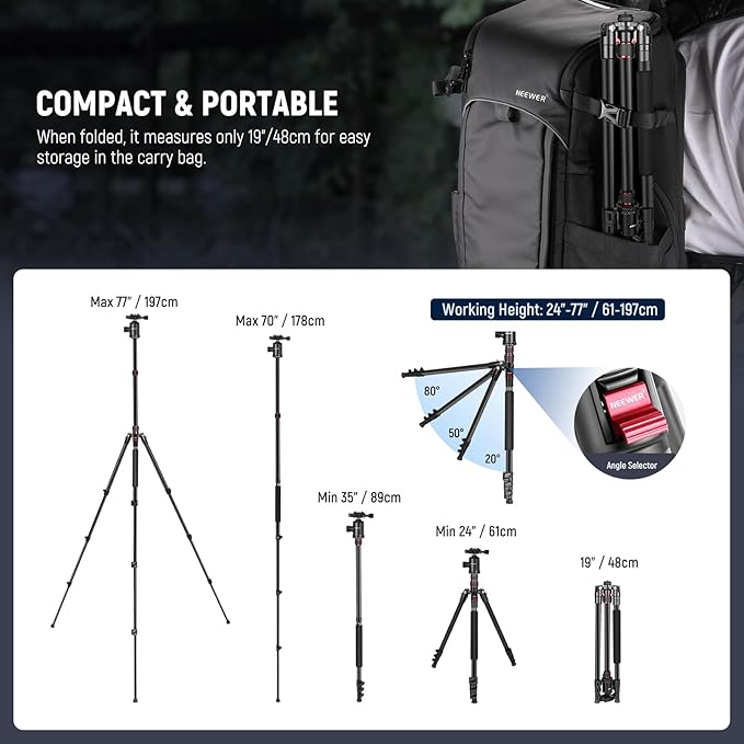 NEEWER 77” Camera Tripod Monopod with Phone Holder, Portable Travel Tripod with Remote, 360° Ball Head, 2 Axis Center Column, Arca QR Plate and Bag, Aluminum DSLR Tripod 34lb Max Load, TP77