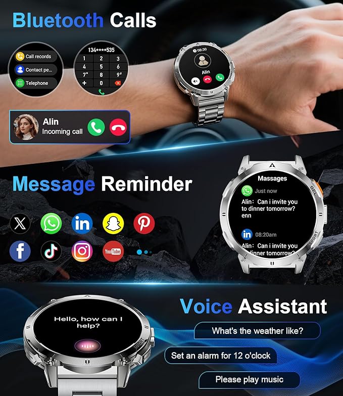 LIGE Smart Watches for Men with LED Flashlight/Call, 1,62'' HD AMOLED Screen 730mAh Military Smartwatches with 110+ Sports, 3ATM Fitness Tracker with 24/7 Heart Rate/Sleep for iOS Android, Silver