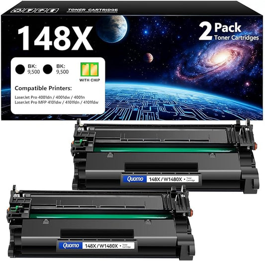 148X Black Toner Cartridge 2-Pack with Chip Replacement for HP 148X W1480X 148A W1480A Compatible for HP LaserJet Pro 4001dn 4001dw 4001n MFP 4101dw 4101fdn 4101fdw 4001 4101 Series Printer High Yield