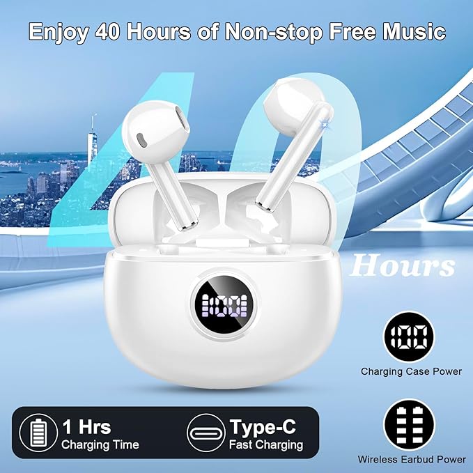Wireless Earbuds, 2024 Bluetooth 5.3 Headphones HiFi Stereo Ear buds with ENC Noise Cancelling Mics, 40H Bluetooth Earbuds with Dual LED Display, IP7 Waterproof in Ear Earphones for Android iOS, White