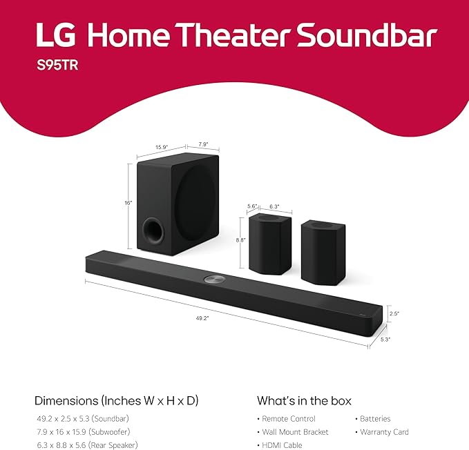 LG S95TR 9.1.5-Channel OLED evo TV Matching Home Theater Soundbar with Rear Surround Speakers and Wireless Subwoofer, Wow Orchestra, Dolby Atmos, WOWCAST Built-in (2024 Model)