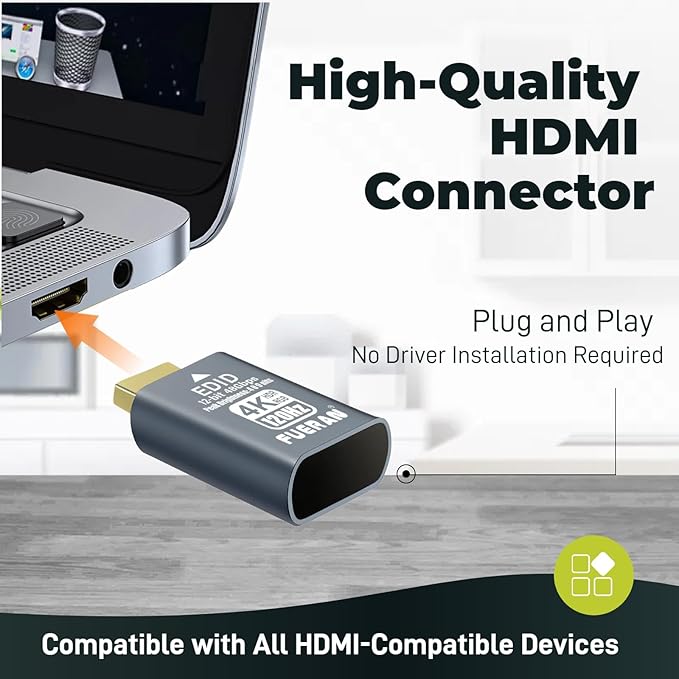 4K 120Hz HDMI 2.1 Dummy Plug – High-Resolution Virtual Display Emulator for PC, VR Headsets & Cryptocurrency Mining EDID Headless Ghost Display Adapter (2.1-4K/120Hz-HDR/12bits-1P-hui)