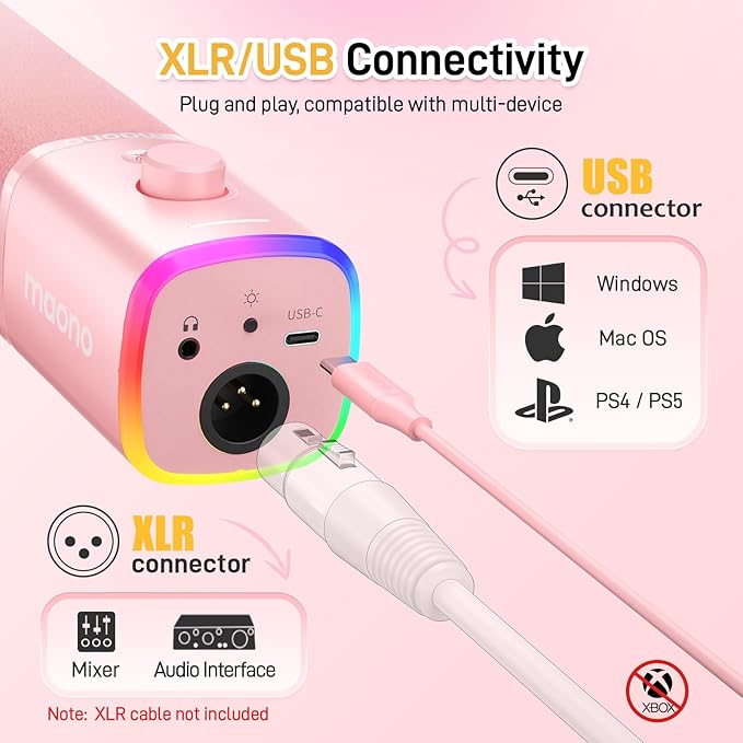 MAONO XLR/USB Gaming Microphone Kit: Dynamic PC Mic for Streaming Podcasting, Software Support, Mute Button, Gain Control, RGB Computer Mic with Boom Arm Stand, for Recording, PS4/PS5, PD100XS Pink