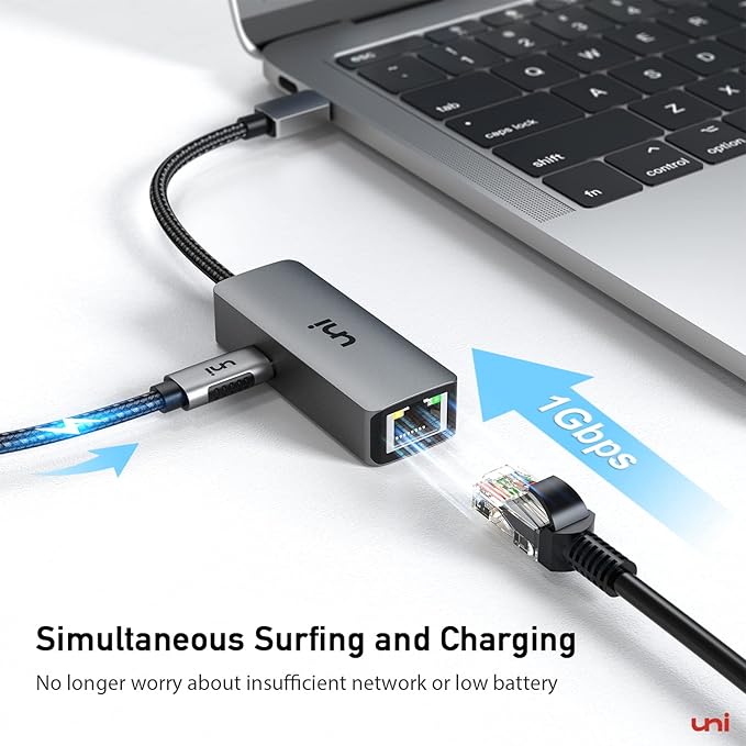 uni USB C to Ethernet Adapter with 100W Charging Port, RJ45 to USB C 1Gbps Type-C Gigabit Ethernet LAN Network Adapter Power Delivery PD for Laptop, MacBook Pro/Air, Dell XPS, Chromebook, Surface book