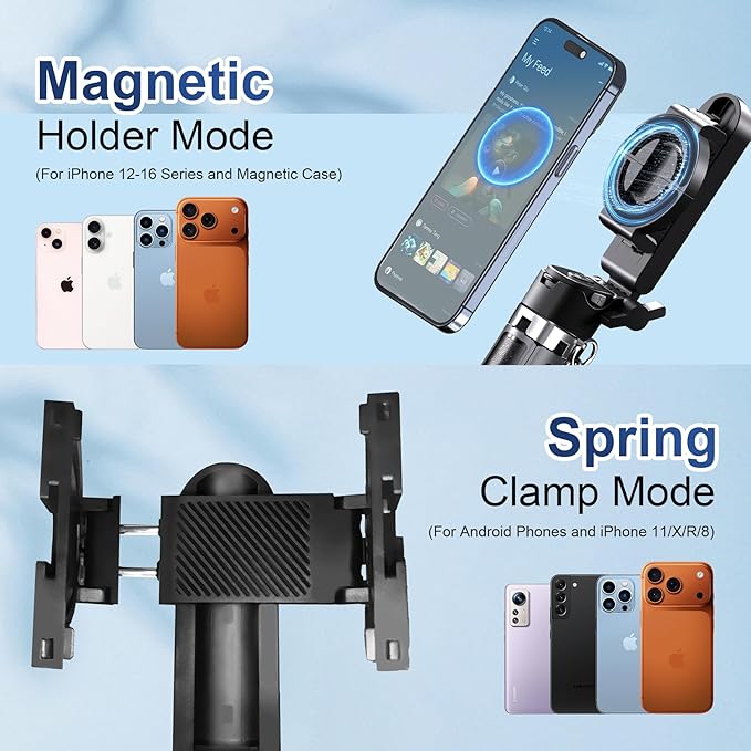 2-in-1 Magnetic Phone Tripod Stand with Zoom, Portable Mini Extendable Selfie Stick with Remote, Lightweight Handheld Cell Phone Tripod for Photos & Videos