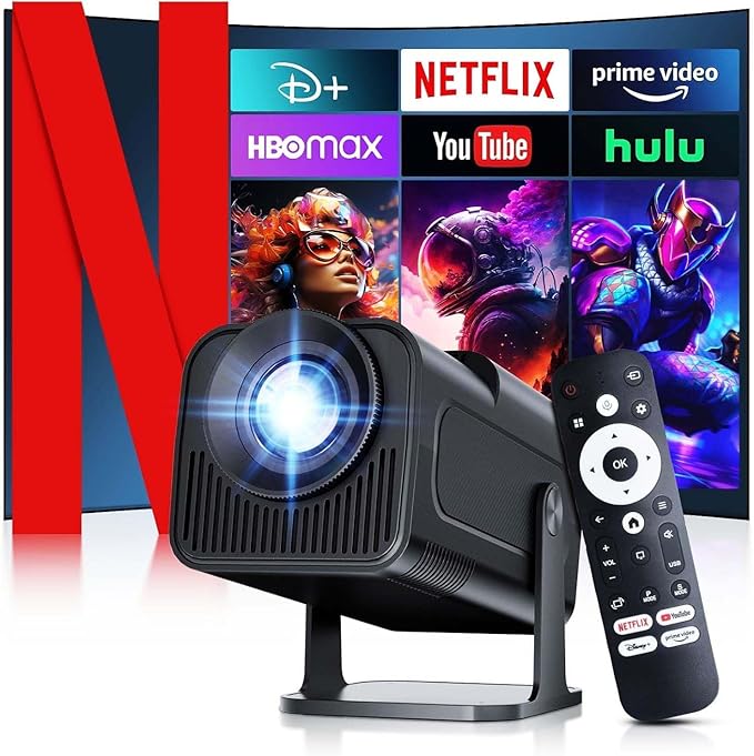 [ 2025 Netflix Licensed ] 4K Projector with Wifi Bluetooth, Android 13 Smart Projector w Built-in Netflix/YouTube/PrimeVideo/D+, Auto Keystone, 1080P Native Mini Portable Projector for Outdoor Movies