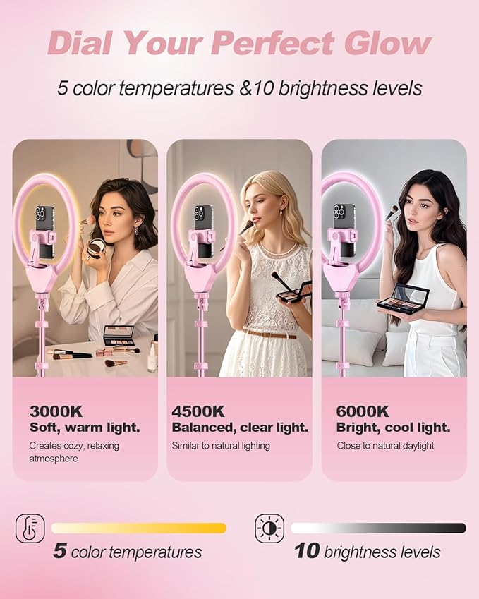 UBeesize 12'' Selfie Ring Light with 62’’ Tripod Stand for Video Recording, Live Streaming(YouTube, Instagram, TIK Tok), Compatible with Phones, Cameras and Webcams Pink
