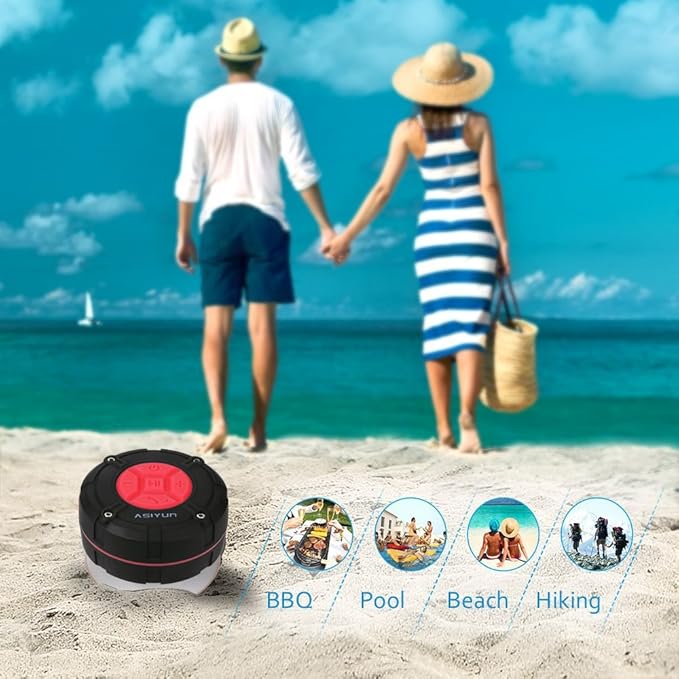 Shower Speaker, IPX7 Waterproof Bluetooth Speaker with HD Bass, Suction Cup & Durable Hook, Built-in Mic for Hands-Free Calls, Pool, Beach, Outdoor(Red)