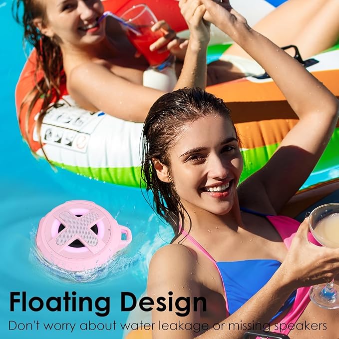XLeader X8, Upgraded, Portable Bluetooth Speaker, Certified IP67 Waterproof Shower Speaker, Silicone Case, 10W Bass, 24H Playtime, Small, Floating, Lights, Clip, for Pool Beach Kayak Travel Gifts Pink
