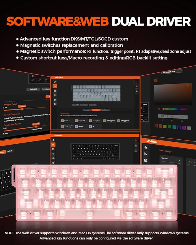 DAREU COOL60 60% Hall Effect Gaming Keyboard with Magnetic Switch, SOCD, 0.01mm Actuation Adjustable Rapid Trigger,8000 Hz Polling, Frosted Transparent Keycaps, Hot-swap, RGB Backlit