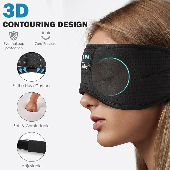 MUSICOZY Sleep Headphones, Bluetooth Sleeping Mask Headband Headphones Eye Mask, Wireless Music Earbuds Earphones with HD Ultra-Thin Stereo Speakers for Side Sleepers Men Women