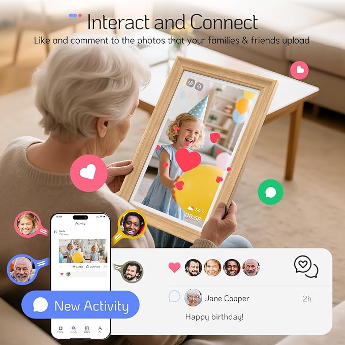 NexFoto Touchscreen Digital Picture Frame 15.6'', FHD WiFi Digital Photo Frame, 64GB Wood Electronic Picture Frame, Add Photos from Google Photos, Share Videos, for Mom, Birthday, Wood