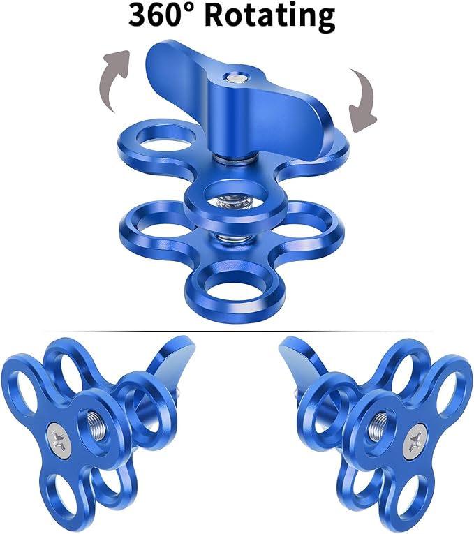 3-Hole 1" Aluminum Underwater Camera Clamp Ball Mount (2-Pack) - Underwater Bracket for Diving Light Arms & Camera Trays, Saltwater-Resistant Adapter for Scuba Photography/Videography Gear