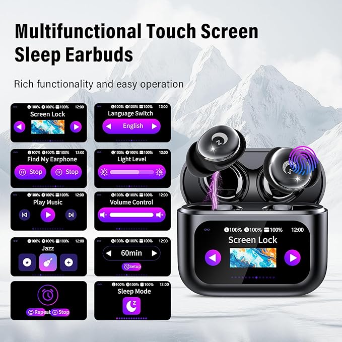 Sleep Earbuds Bluetooth 5.4 Smart Touch Screen in Ear Ear Buds, 48H Mini Sleep Headphones Small Design for Side Sleepers, Crystal-Clear Calls, 5 EQ Modes, IPX7 Waterproof Earphones, Black Earbuds