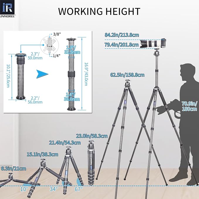 INNOREL Carbon Fiber Compact Tripod KT365C Professional 36mm Tube 5 Sections Heavy Duty Camera Stand for Digital DSLR Video Camcorder with 52mm Low Profile Panoramic Ballhead Center Column Load 30kg