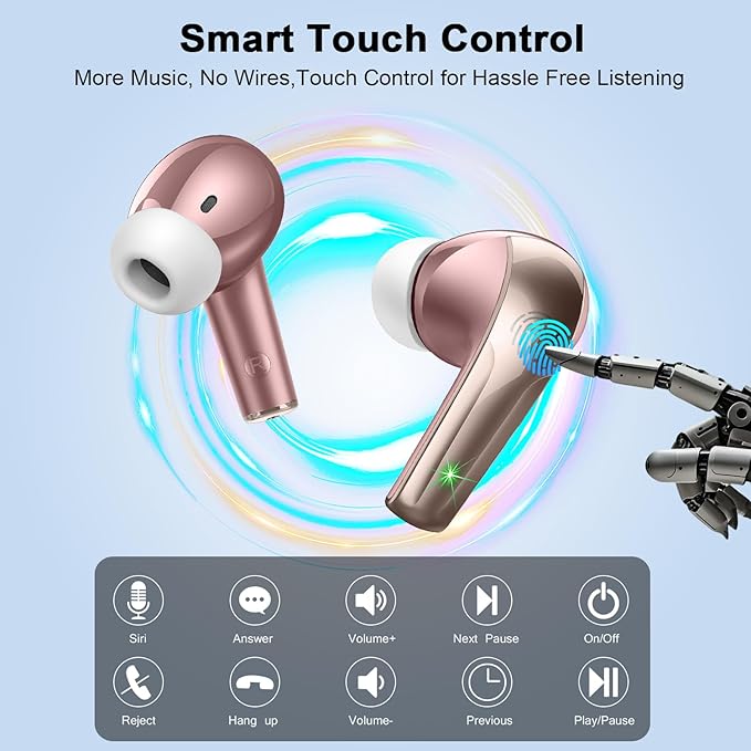 Wireless Earbuds, Bluetooth 5.4 Headphones in Ear, Mini Bluetooth Earbuds HiFi Stereo Deep Bass with 4 ENC Noise Cancelling Mic, Wireless Ear Buds 47H Long Playtime LED IP7 Waterproof USB-C(Rose Gold)