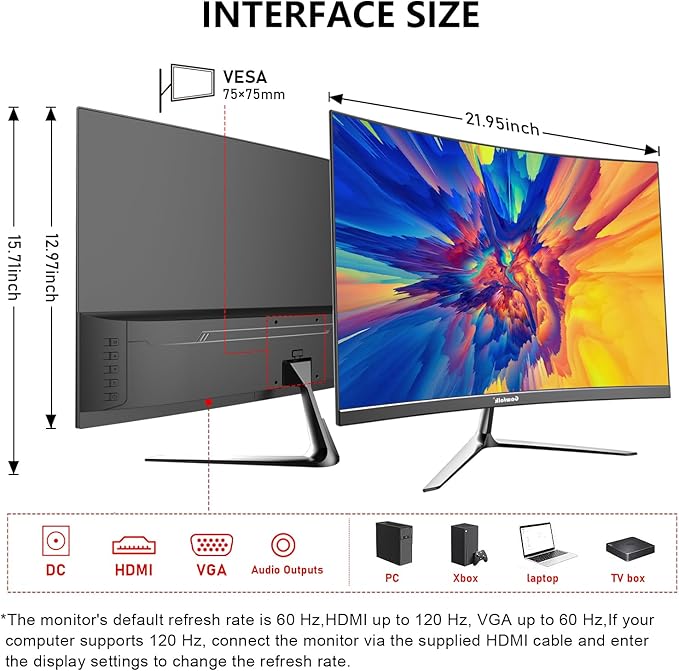 24.5 Inch Gaming Curved Monitor Built-in Speakers, 3000R 120Hz PC Screen Full HD 1080P, HDMI 2.0, VGA, Wall Mount Compatible 75 * 75mm