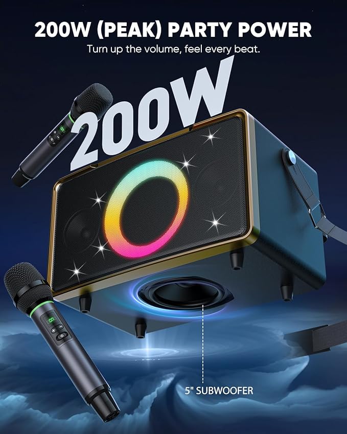 GFEEN Portable Bluetooth Speaker: 200W Peak, Deep Bass, 15H Playtime, Large Party Wireless Speakers, Powerful Loud Sound, Light Show, Fast Charging for Outdoor, Backyard, Home(Gold with 2Mic)