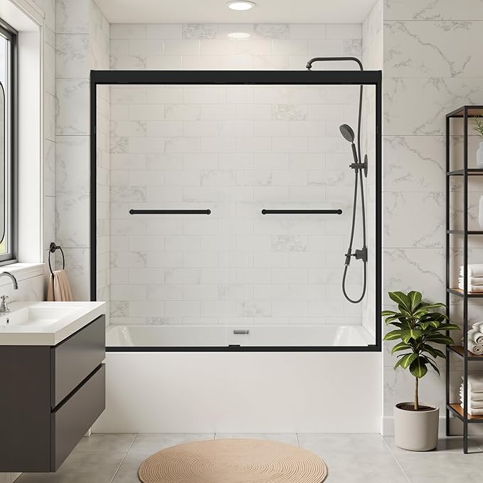 56-60" W x 62" H Tub Shower Door Bathroom Double Sliding Shower Door 5/16"(8mm) Thick Tempered Glass Shower Door with Stainless Steel Handle for Bathtub, Matte Black