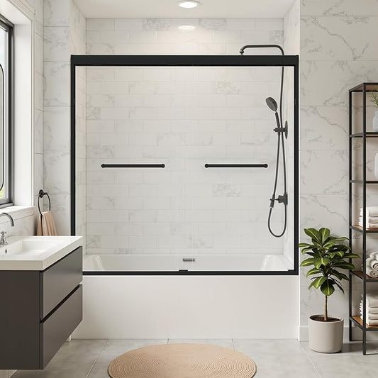 56-60" W x 62" H Tub Shower Door Bathroom Double Sliding Shower Door 5/16"(8mm) Thick Tempered Glass Shower Door with Stainless Steel Handle for Bathtub, Matte Black