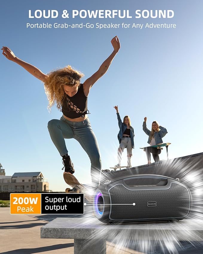Portable Bluetooth Speakers Wireless, 200W Peak Loud Sound and Deep Bass for Party, IP65 Waterproof Outdoor Speaker w/ 2*Subwoofer/Tweeter/DSP/Bass Boost/Fast Charging/TWS/TF/USB/AUX, 24H Playtime