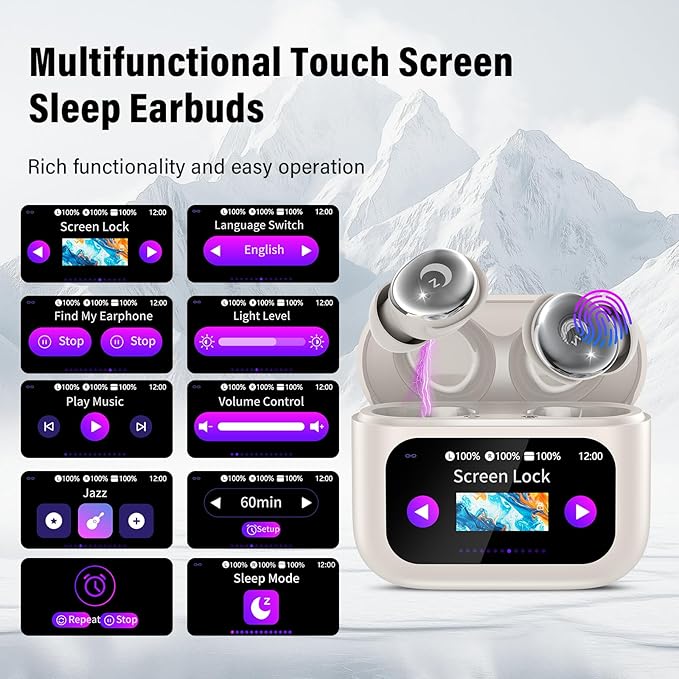 Sleep Earbuds Bluetooth 5.4 Smart Touch Screen in Ear Ear Buds, 48H Mini Sleep Headphones Small Design for Side Sleepers, Crystal-Clear Calls, 5 EQ Modes, IPX7 Waterproof Earphones, Beige Earbuds
