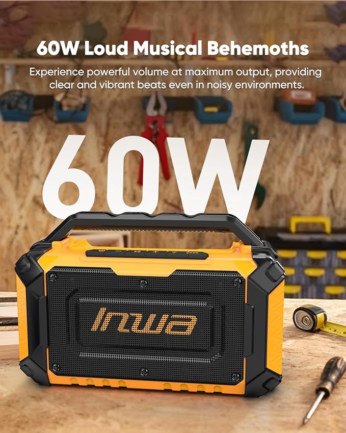Inwa Jobsite Bluetooth Speakers, 60W Outdoor Portable Wireless Speakers, Compatible with DeWalt & Milwaukee Battery, Loud Boombox w/Bass, RGB Lights & Aux, for Work/Workshop/Garage(Golden)