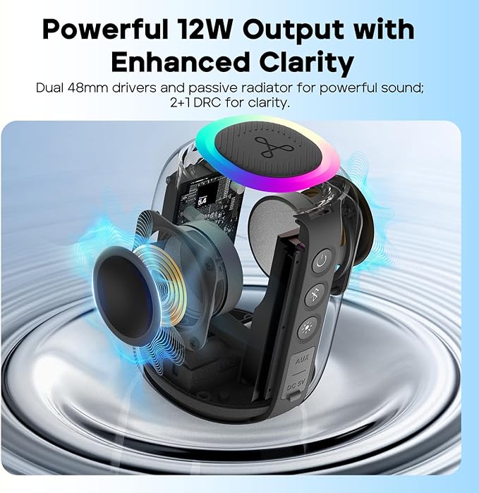 Tribit StormBox Mini+ Portable Bluetooth Speaker, 12W Wireless Speaker with 360°Surround Sound, 12H Playtime, Custom EQ, BT5.4, IPX7 Waterproof, RGB Lights, Type-C, TWS, AAC/SBC, Home/Outdoor/Travel