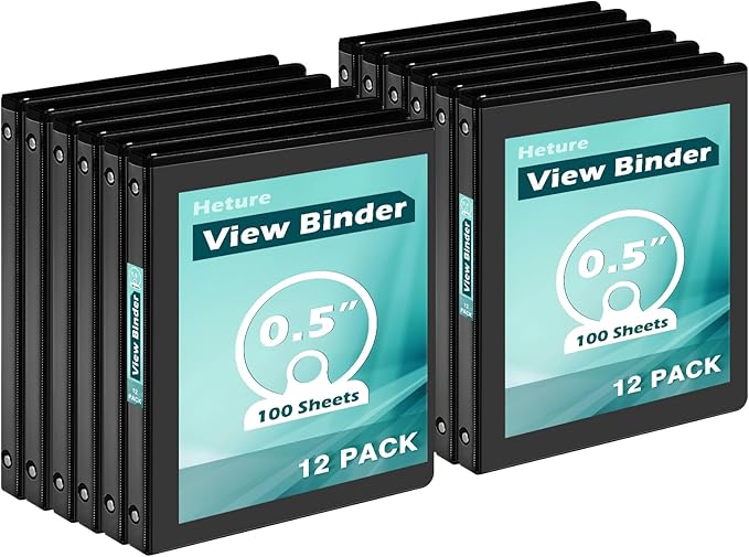 3 Ring Binder 0.5 Inch 12 Pack, 0.5" Clear View Round Ring Binders, PVC-Free, Holds for 100 Sheets 8.5"x 11" US Letter Size Paper, 1/2 in Durable Black Binders for Office,School and Home.