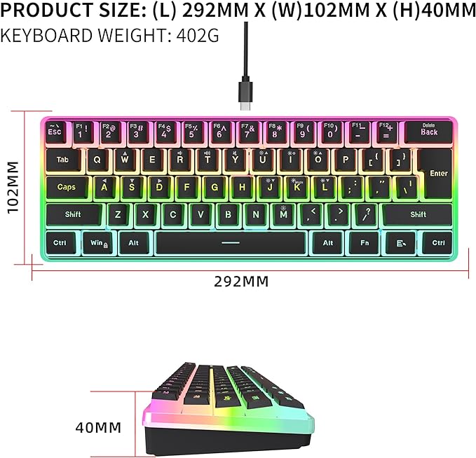 Snpurdiri 60% Wired Gaming Keyboard, Pudding Keycaps with Translucent Layer,RGB Ultra-Compact Mini Keyboards, Waterproof Small 61 Keys Keyboard for Office/Gaming(Black)