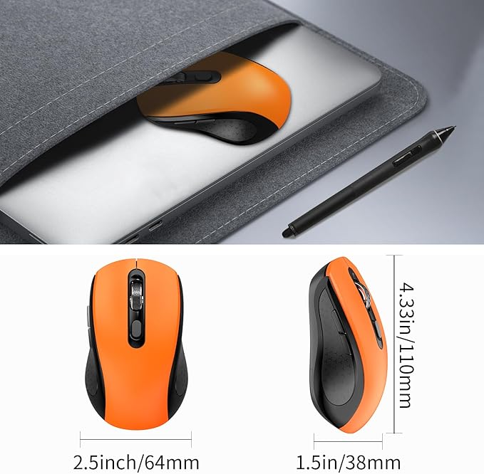 Wireless Mouse Ergonomic, Side Buttons Mouse, 2400 DPI, Silent and Anti Slip Roller Cordless Mice, 2.4Ghz with USB Receiver, 6 Buttons, Suitable for Laptop PC Chromebook and Windows 11/10/7 - Orange