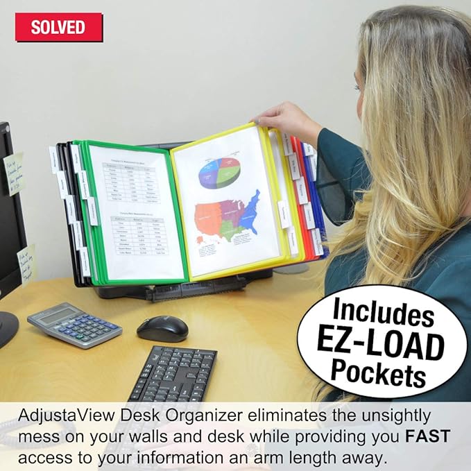 Ultimate Office AdjustaView 20-Pocket Desk Reference Organizer with Easy-Load Pockets and Compact Weighted Base for Stability (Colored Pockets)