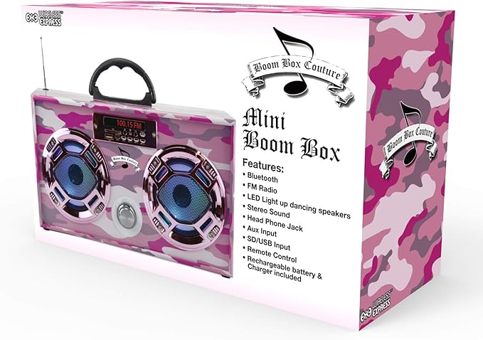 Mini Boombox with LED Speakers – Retro Bluetooth Speaker w/Enhanced FM Radio - Perfect for Home and Outdoor (Green Camo)