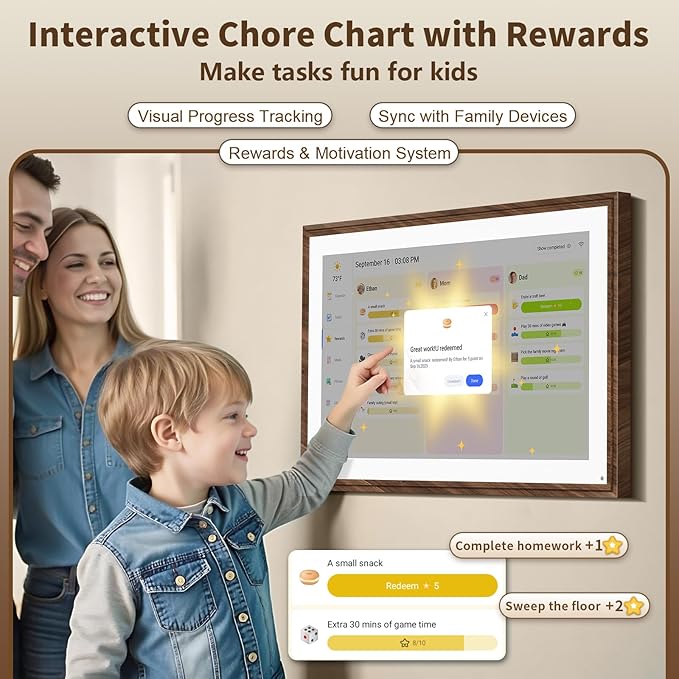 21.5 Inch Digital Calendar Chore Chart with Touchscreen - Full HD Interactive Display, Wall & Desk Mountable Family Planner, To-Do List & Meal Planner, Digital Picture Frame for Sharing Photos via App