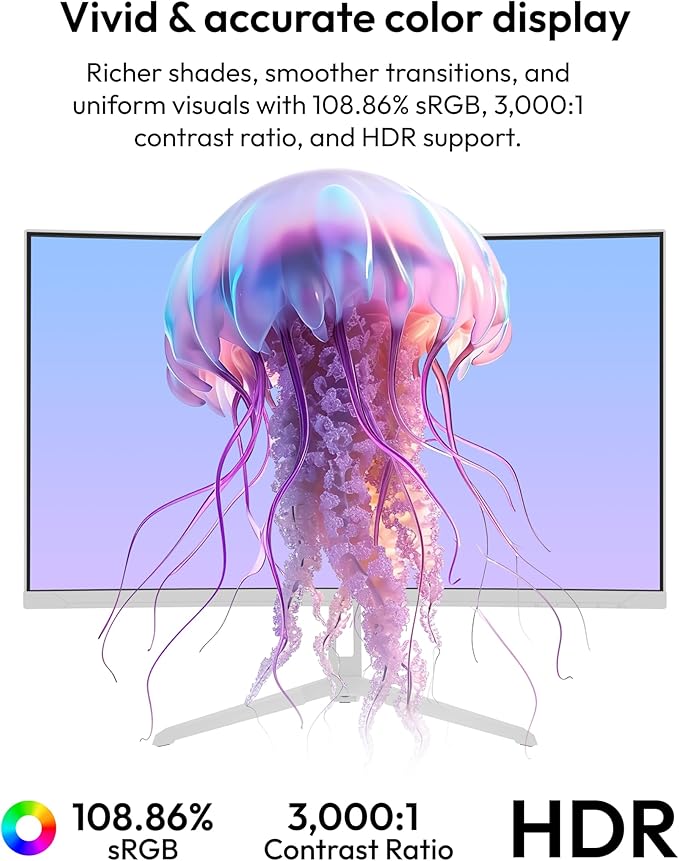 Pixio PXC248 Wave White 24 inch 200Hz Refresh Rate FHD 1080p Resolution 1500R Curve Fast VA Panel 1ms GTG Response Time Adaptive Sync HDR Curved Gaming Monitor