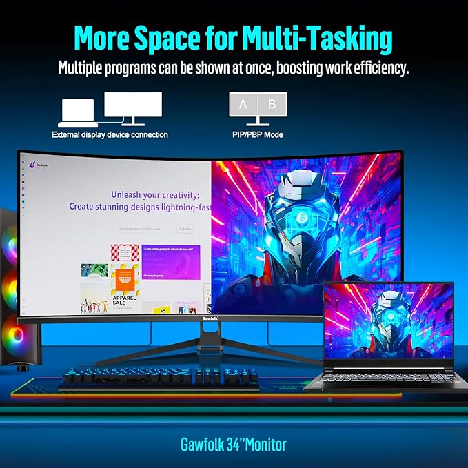 34 Inch Ultrawide Curved Gaming Monitor, 1500R PC Screen 165hz UWQHD 4K, Curved Computer Screen with FreeSync, Support Wallmount 75x75mm-Black