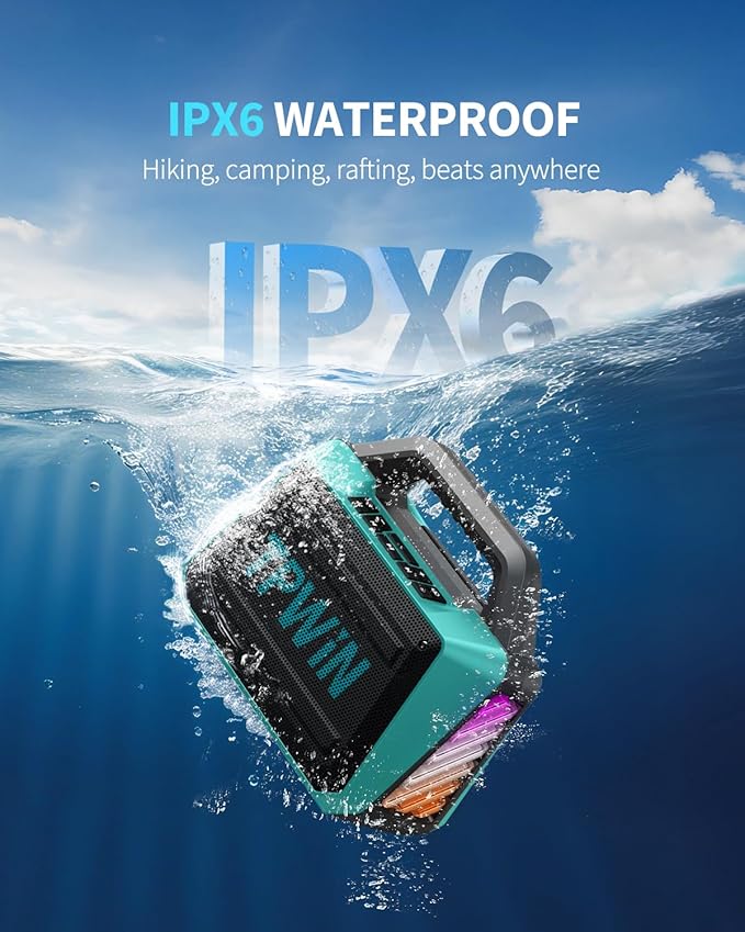 Powerful 80W Outdoor Bluetooth Speaker: IPX6 Waterproof, Rugged, 20H Playtime, Deep Bass, Lightshow, TWS, BT 5.3 Wireless, Portable for Travel Hiking Camping Beach Pool - Teal