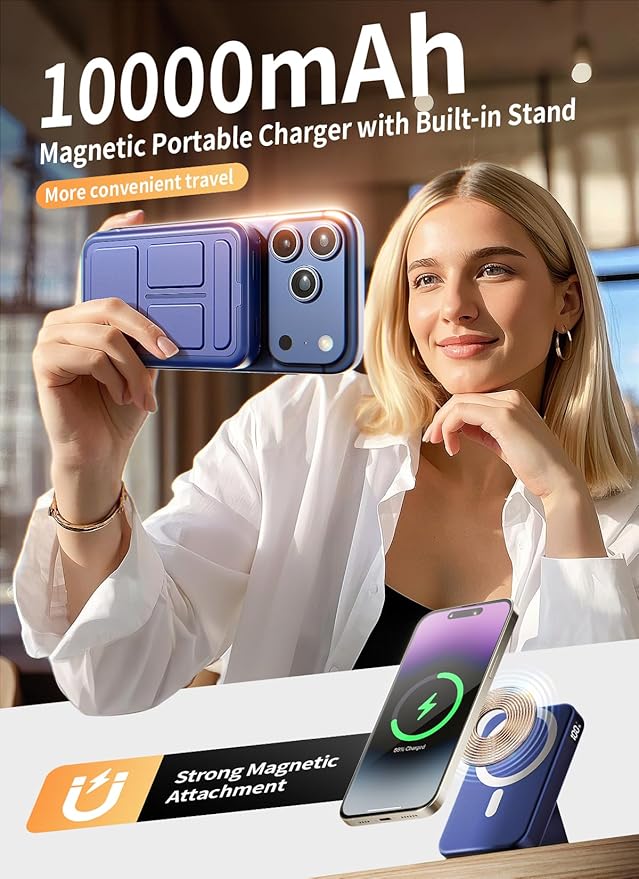 Magnetic Power Bank, 10000mAh Wireless Portable Charger with 20W USB-C Fast Charging, Foldable Stand & LED Display Battery Pack, Compatible with iPhone 16/15/14/13/12, Blue