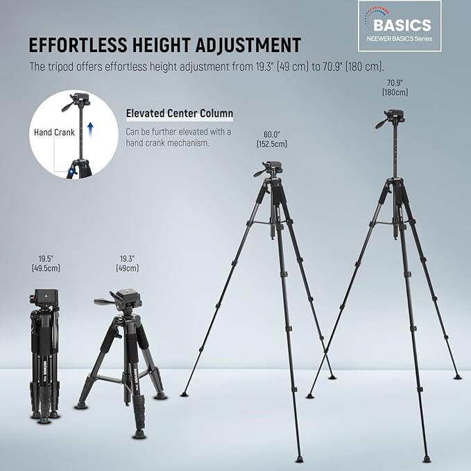 NEEWER BASICS Camera Tripod, 71'' Tripod with Cell Phone Holder Mount Compatible with iPhone for Video Recording, Professional Aluminum Lightweight Portable Travel Stand with 3 Way Pan Tilt Head, TP55