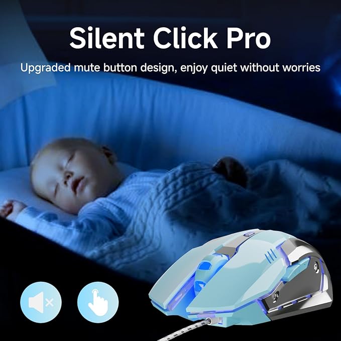 EWEADN G3 Wired Gaming Mouse, 2400 DPI Wired Optical Mouse with 6 Programmable Macro Buttons, Metal Base, 4-Color Breathing Light for PC/Laptop/Windows-Blue