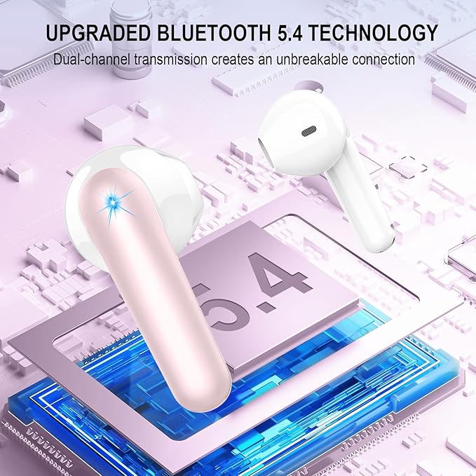 Wireless Earbuds, Bluetooth 5.4 Headphones, 48H, Stereo Ear Buds, LED Display Earphones with Mic, IP7 Waterproof In EarBud, Comfort Fit, Bluetooth Earbuds for Phone Android iOS, Sport, Walk, Pink