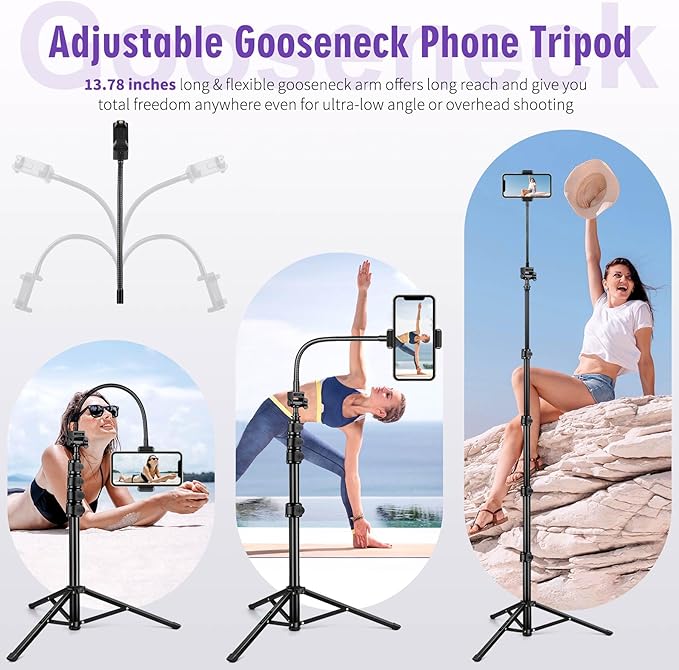 80" Phone Tripod, Selfie Stick Cellphone Tripod, Aluminum Tripods Stand for Video Photo Vlog, Travel Tripods with Gooseneck Remote Phone Holder, Compatible with iPhone Android Smartphone