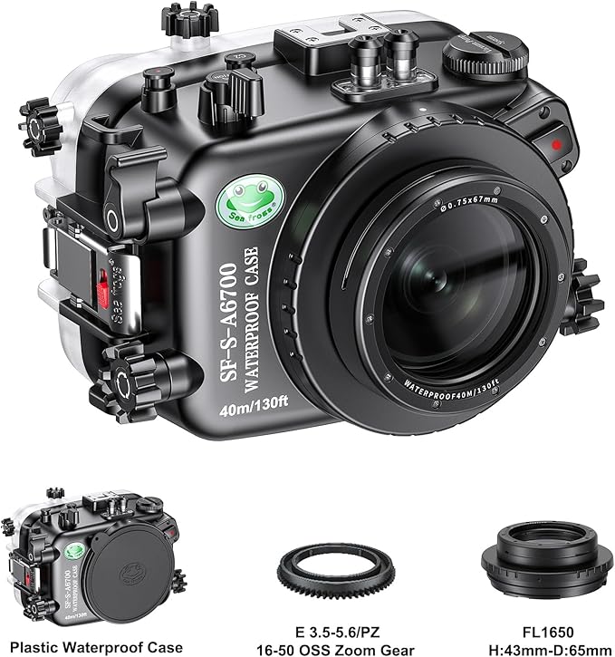Sea frogs Underwater Camera Housing Compatible with Sony A6700 E 3.5-5.6/PZ 16-50 OSS IPX8 Maximum Diving Depth 40m/130ft Waterproof Camera Case for Diving, Surfing, Rowing, Skiing