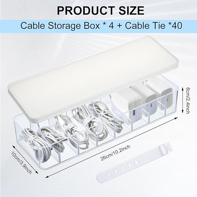Tatuo 2 Pcs Cable Organizer Box with Wire Ties, Plastic Cord Storage Box with Lid, Electronics Organizer for Home Office Desk Organizers and Accessories (10.79'' X 3.78'' X 1.97'',Clear,White)