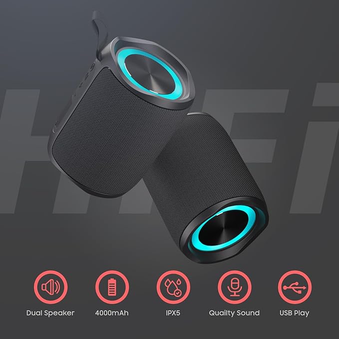 Bluetooth Speaker, Portable Wireless, IPX5 Waterproof Speaker, Bluetooth 5, RGB Color Lighting Loud Stereo Sound, Deep Bass, TWS Pairing, Suitable for Party, Home, Outdoor, Traveling